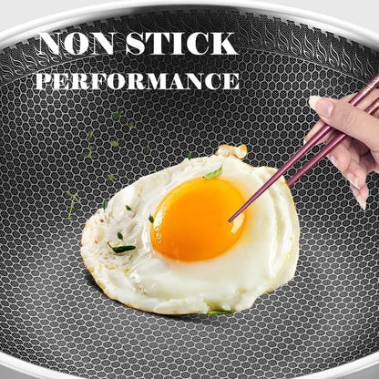 Tri-Ply Stainless Steel Wok Pan with Lid and Steamer Basket,Hybrid Woks & Stir-Fry Pans Nonstick with Double Handles,Induction Large Saute Pan Deep Frying Pan,17.3Inch Wok with Steamer2