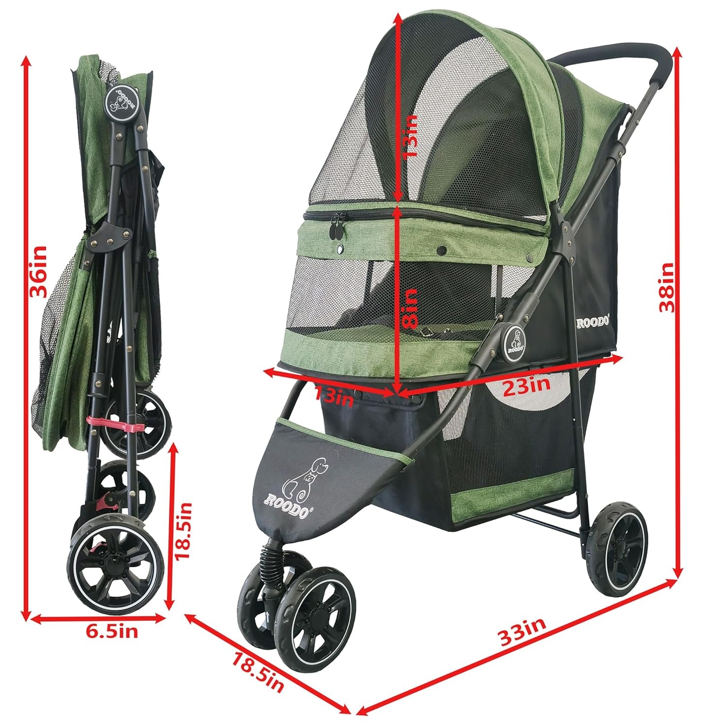 roodo-3-wheel-pet-stroller-best-lightweight-foldable-compact-portable-jogger-all-terrain-travel-pet-gear-puppy-kitty-stroller-for-up-to-30lbs-medium-small-dogs-and-catsgreen