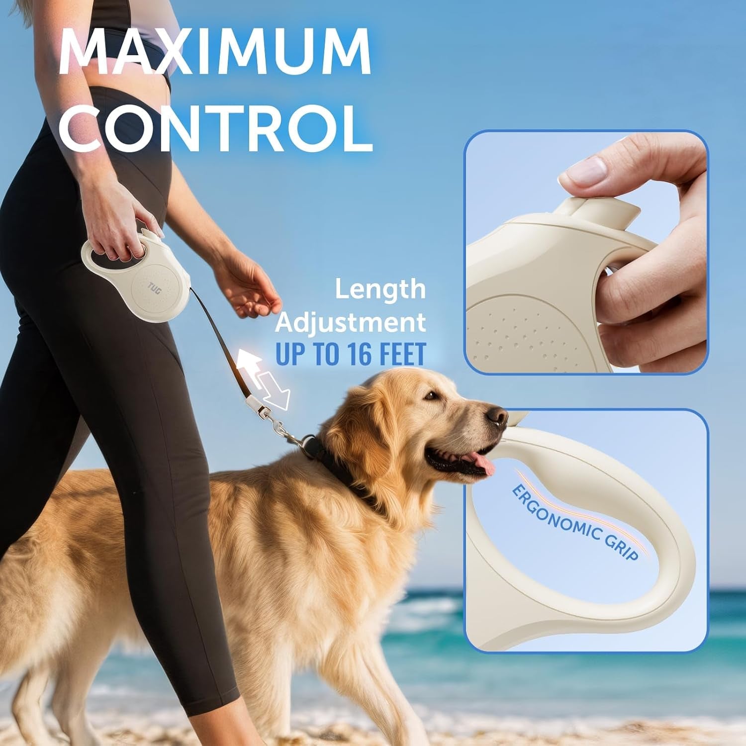tug-quest-retractable-dog-leash-360-tangle-free-retraction-16-ft-strong-nylon-tape-small-cream