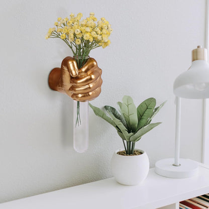 Gold Wall Sculptures, Hand Vases Home Decor, Wall Mount Art Sculpture, Unique Wall Art Statue, Funky Flower Vase Decorations, Modern Eclectic Hanging Decor,Glass Test Tube Vase3