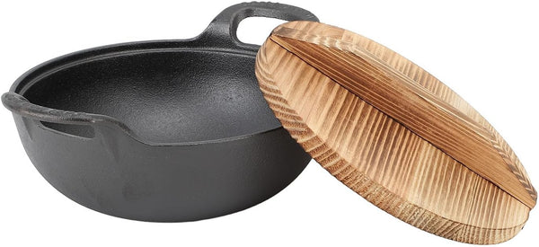 Cast Iron Wok Pan 14 Inch Pre Seasoned Stir Fry Skillet with Wooden Lid Flat Bottom Oven Safe for Authentic Asian Cooking on Stovetop for Home Cooks (25Cm)1