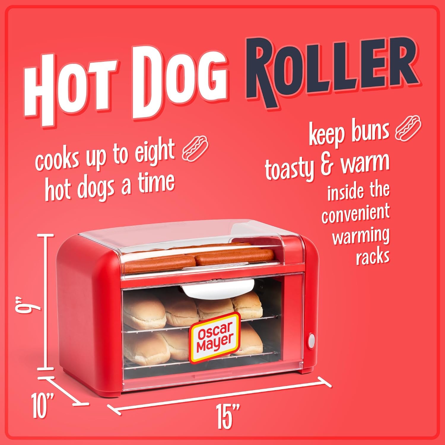 oscar-mayer-extra-large-8-hot-dog-roller-bun-toaster-oven-stainless-steel-grill-rollers-for-cooking-veggie-sausages-brats-multi-use-warming-oven-with-adjustable-timer-for-parties-red