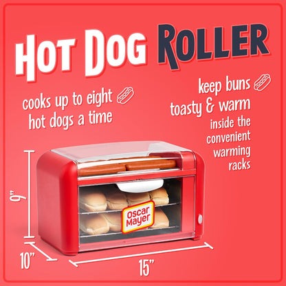 Oscar Mayer Extra Large 8 Hot Dog Roller & Bun Toaster Oven- Stainless Steel Grill Rollers for Cooking Veggie Sausages & Brats- Multi-Use Warming Oven with Adjustable Timer for Parties - Red2