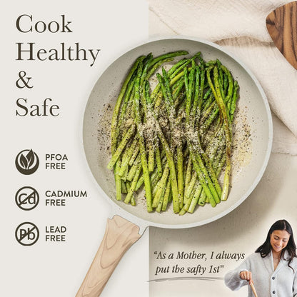 3Pcs Cream White Non Stick Skillet Set, Cream White | Non Toxic Granite Frying Pan with Heat-Resistant Handle, All Stovetops Compatible, Pfoa-Free, 8"+10"+12"4