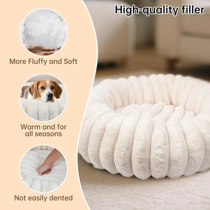 Donut Dog and Cat Bed, Luxurious Comfortable Faux Rabbit Fur Pet Beds, round Anti-Anxiety Calming Puppy Kitten Bed with Anti-Slip Bottom for Small Medium Dogs & Cats(20", White)5