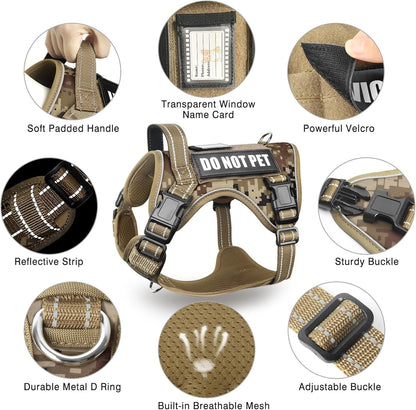 Tactical Dog Harness and Leash Set with 10 Patches for Large Dogs | Heavy Duty No Pull Service Animal Dog Vest with Dog Seat Belt ,Adjustable Reflective Easy Walk for Training Hiking Camo L6