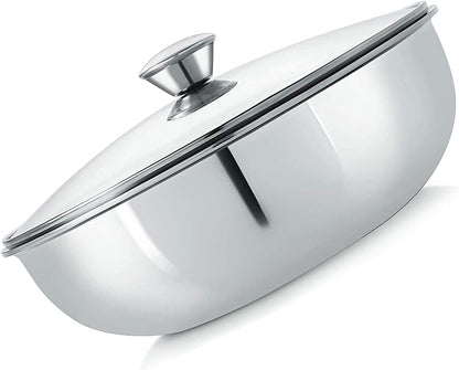SRIYUG Stainless Steel Tasla Low Wok without Handle Stainless Steel Triply Induction Base Deep Kadai Steel Aluminum Tasla with Glass Lid4
