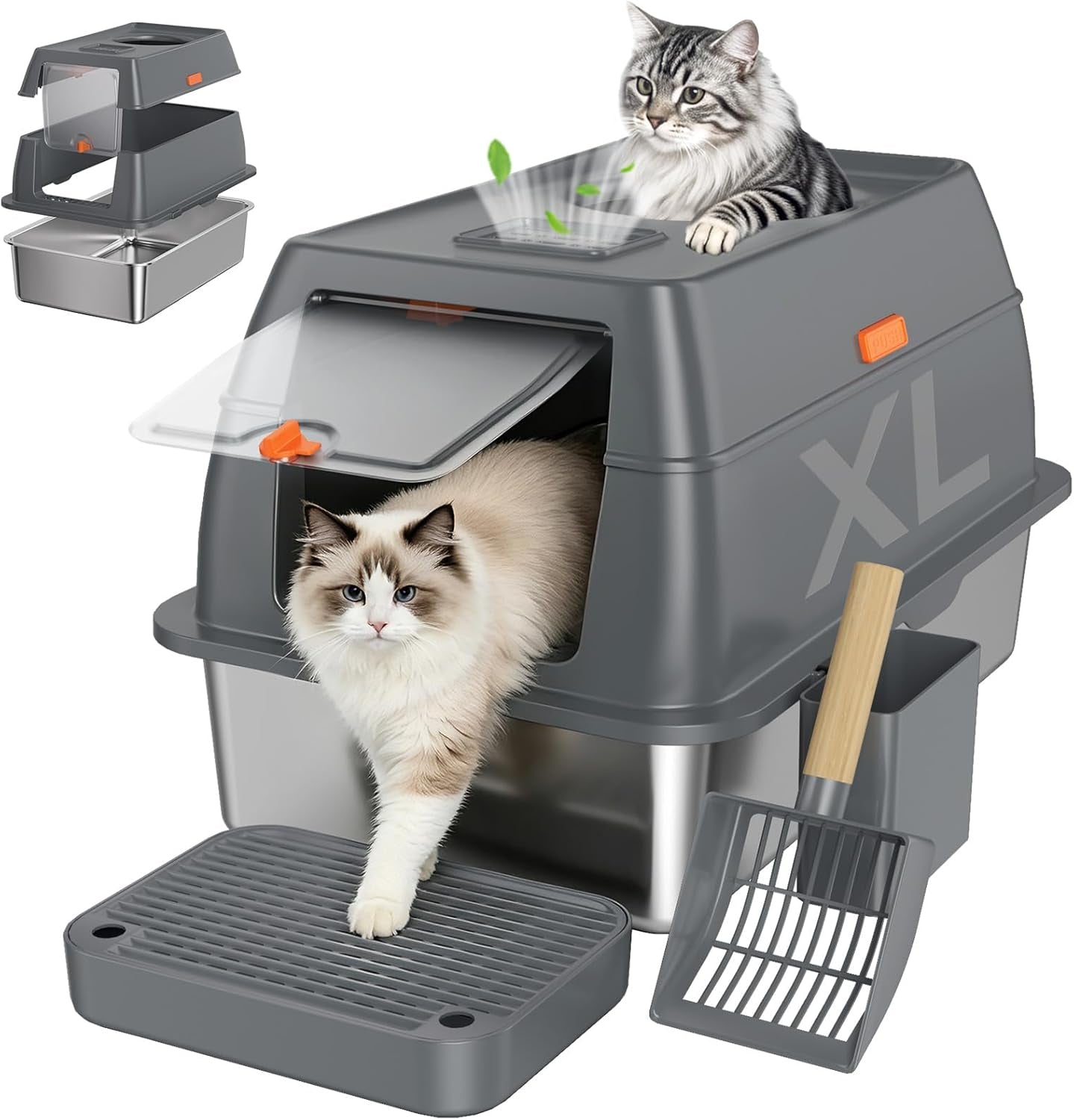 xl-enclosed-stainless-steel-litter-box-with-lid-light-gray-covered-high-sided-rustproof-leak-proof-easy-clean-odor-control-includes-scoop-step