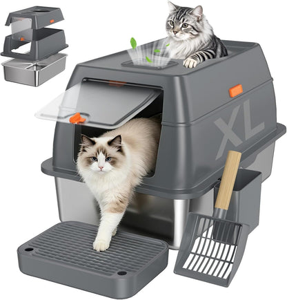 XL Enclosed Stainless Steel Litter Box with Lid, Light Gray | Covered, High Sided, Rustproof & Leak Proof, Easy Clean, Odor Control, Includes Scoop & Step9