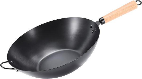 13.5" Carbon Steel Wok Pan, Pre-Seasoned Flat Bottom Wok for Stir Fry, BBQ, Grill & Camping, Compatible with Induction, Electric, Gas and Open Fire, Black1