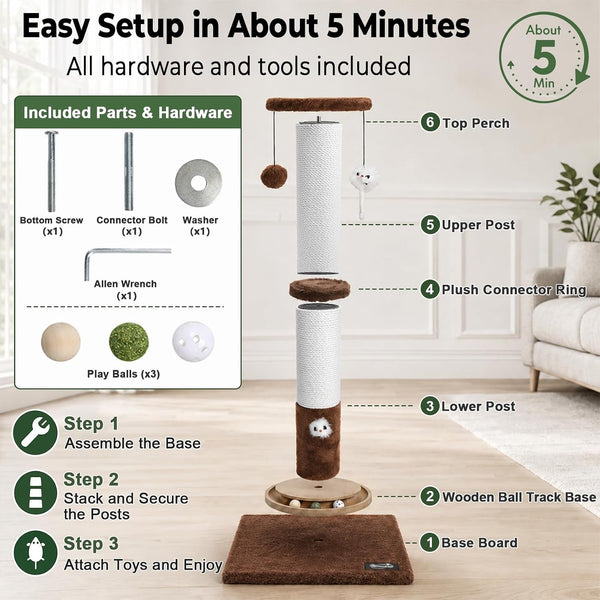 35-Inch Tall Cat Scratching Post, Stable Base for Large Cats, Brown | Heavy-Duty, Soft Natural Cotton Rope Cat Scratcher, Interactive Cat Toys, Wooden Ball Track, for Kittens and Indoor Cats7