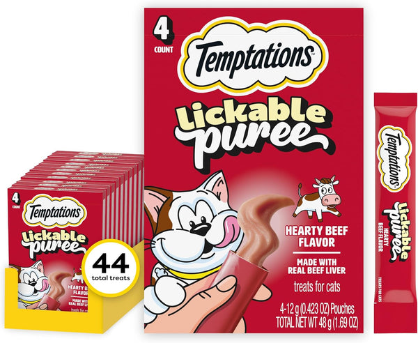Temptations Creamy Puree Cat Treats, Chicken, Salmon & Tuna, 24 Count | under 15 Calories per Tube, Great for Senior Cats, No Chewing Required, No Added Sugar, Fillers, or Artificial Preservatives24