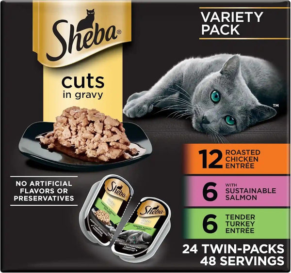 Sheba Perfect Portions Cuts Wet Cat Food, Multipack, 2.6 Oz, 24 Ct | Grain-Free, Chicken, Salmon & Turkey Flavors, Protein-Rich, No Corn or Soy, Essential Vitamins & Minerals, Twin-Pack Trays1