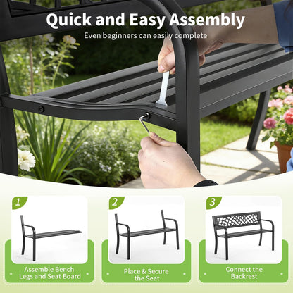 | 46" Outdoor Garden Bench | Black | 480Lbs Load Capacity | Heavy Duty Metal Patio Bench with Grid Design | Rust & Weather-Resistant | for Lawn, Yard, Parks, Patio, Porch, Entryway6