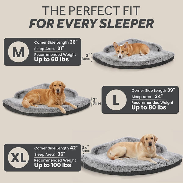 Corner Dog Bed Large, 39" Calming Fluffy Orthopedic Pet Beds, Grey | Space Saving Plush Corner Nest,Egg-Crate Foam, Washable Cover, Waterproof Liner, Non-Slip Bottom and Bolsters for Large Dogs6
