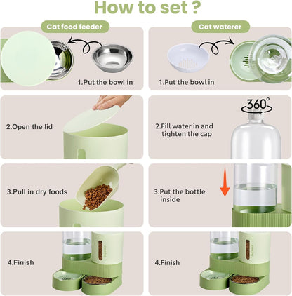Automatic Cat Feeder Stainless Steel Water Dispenser Gravity Food Feeder and Waterer Set with Pet Food Bowl for Small Medium Kitten Puppy Pets Large Capacity(Green)5
