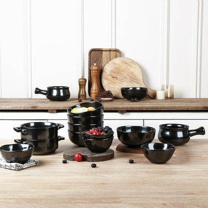 Ceramic Soup Bowls with Handles, 24 Oz Porcelain Soup Crocks for French Onion Soup, Cereal, Beef Stew, Chill, Pasta, Pot Pies, Microwave and Oven Safe, Set of 4 (Black)7