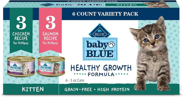 Blue Buffalo Baby Blue Natural Kitten Wet Cat Food Paté Variety Pack, Healthy Growth Formula with DHA, High-Protein & Grain-Free, Chicken and Salmon Recipes, 3-Oz Cans (6 Count, 3 of Each)1