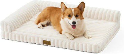 COZY KISS Ultra Soft Faux Rabbit Fur Dog Bed for Medium Dogs – 36"X27" Orthopedic Foam Couch, Removable Washable Cover & Waterproof Lining, Cream16