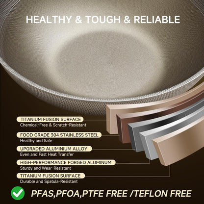 13" Titanium Wok Pan with Lid,Non-Stick Flat Bottom Titanium | PFAS & PFOA Free,Non-Toxic, Fits Induction & Gas Stoves,Traditional Chinese Pan for Stir Fry3