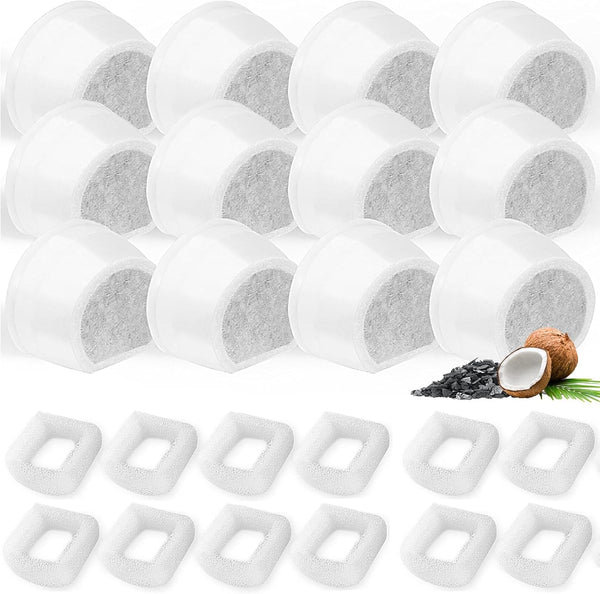 16 Pack Cat Water Fountain Filters Replacement, 8 Carbon Filters and 8 Foam Sponge Pre-Filter Fit for Multiple Ceramic and Stainless Steel Pet Fountains8