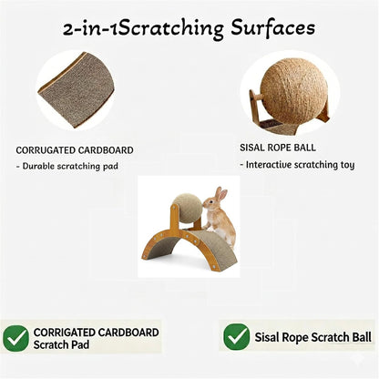 2-In-1 Rabbit Scratching Toy - Natural Sisal Ball & Corrugated Cardboard Pad Bunny Claw Scratcher, Stable Wood Arch Bridge Interactive Toys for Rabbits, Kittens, Ferrets, Chinchillas3