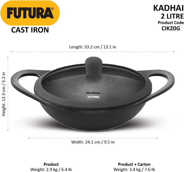 Futura 2 Litre Cast Iron Kadhai, Naturally Nonstick Cast Iron Kadai with Glass Lid, Cast Iron Cookware for Kitchen, Black (CIK20G)10
