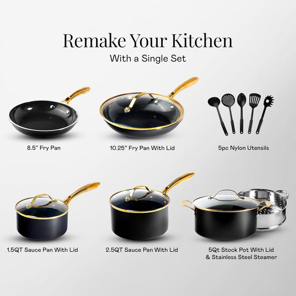 15 Pc Ceramic Cookware Set Nonstick, Ceramic Pots and Pans Set Non Stick with Steamer & Cooking Utensils, Non Toxic PFOA PFOS Free, Premium Stay Cool Handles, Oven & Dishwasher Safe2