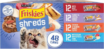 Purina Friskies Wet Cat Food Variety Pack, Shreds with Beef, Turkey and Cheese Dinner, Chicken and Salmon Dinner, and with Ocean Whitefish and Tuna - (Pack of 40) 5.5 Oz. Cans13