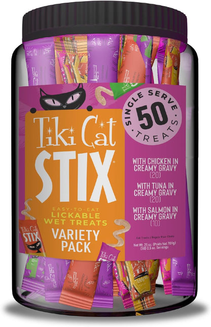 Tiki Cat Stix Mousse Treats, Single Serve Indulgent Lickable Treat or Dry Food Topper, Variety Mega Jar, 0.5 Oz. Servings (50 Count)1