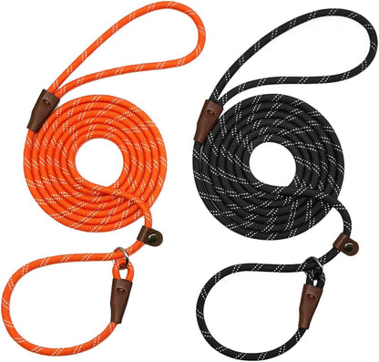 Wyuze 8FT Slip Lead Dog Leash Adjustable Slip Collar Puppy Training Lead | 2 Pack 1/3" Reflective Rope Leash, Lightweight Easy Use for Small Medium Dogs, No-Pull Walking, Black Orange1