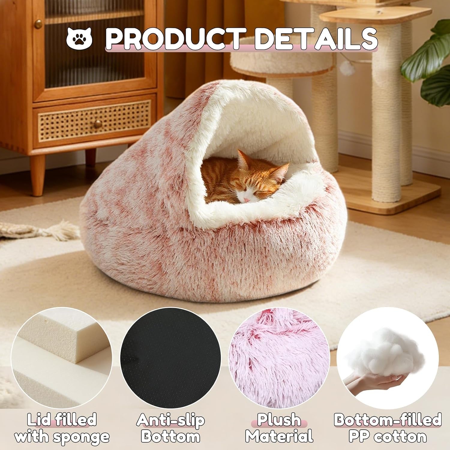 suoxu-anti-anxiety-cat-bed-plush-hooded-cave-20-in-diameter-suitable-for-small-to-medium-pets-pink