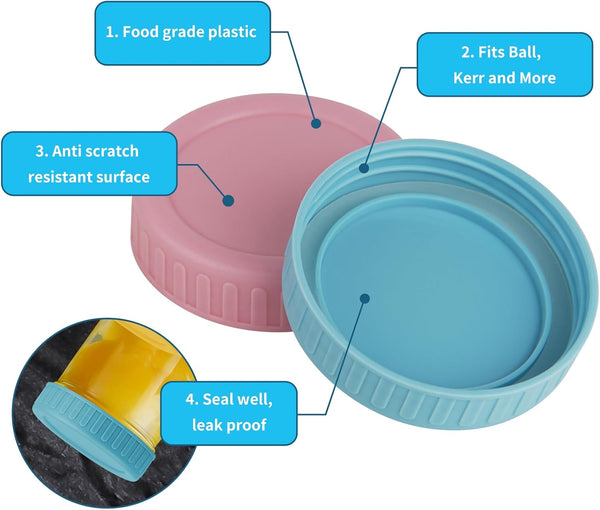 8PCS Regular Mouth Plastic Mason Jar Lids, Leak Proof | Colored, with Silicone Rings, Airtight Leakproof Seal, Fit for Ball & Kerr Canning Jars, Reusable Jars Accessories5