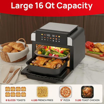 16 Qt Air Fryer Toaster Oven Combo with Pfas-Free Ceramic Coating | Viewing Window, 9 Presets, Top 1700W Bottom 1500W, Max 400°F, Nonstick Tray, Detachable Door, Black, Easy to Clean2