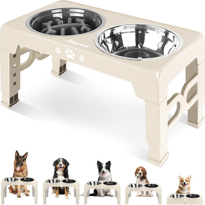 Jovrun Elevated Dog Bowls for Medium Large Size Dogs, Non-Slip Dog Feeder with 1*Stainless Steel Dishes & 1*Slow Feeder Bowl, 5 Heights Adjustable Raised Bowls to 3.15″-8.66″-9.84″-11.02″-12.2″13