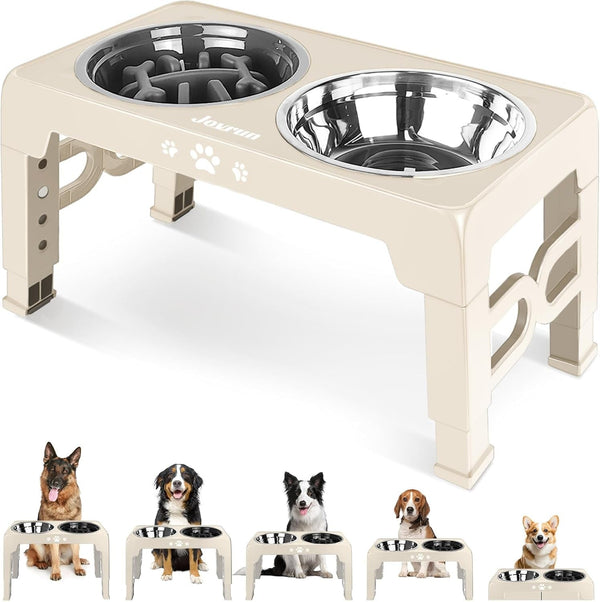 Jovrun Elevated Dog Bowls for Medium Large Size Dogs, Non-Slip Dog Feeder with 1*Stainless Steel Dishes & 1*Slow Feeder Bowl, 5 Heights Adjustable Raised Bowls to 3.15″-8.66″-9.84″-11.02″-12.2″13