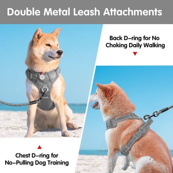 Poypet No Pull Dog Harness and 5 Feet Leash Set, Release on Neck Reflective Adjustable Pet Vest, Front & Back 2 D-Ring and Soft Padded Pet Harness with Handle for Small to Large Dogs(Grey,L)2