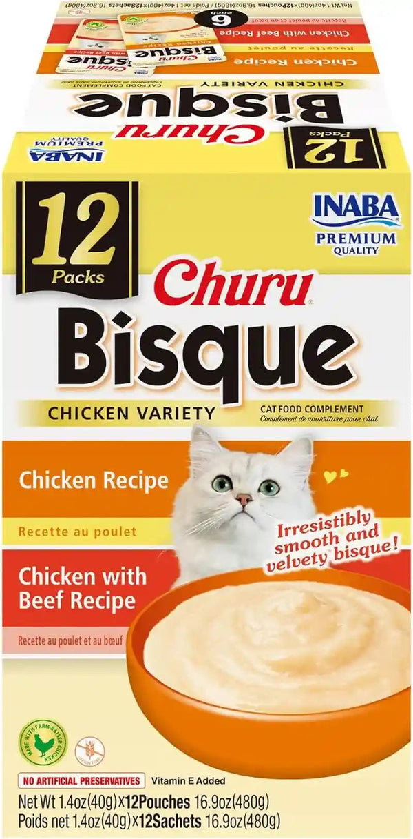 INABA Churu Bisque for Cats, Creamy Lickable Purée Side Dish with Vitamin E, 1.4 Ounces per Pouch, 12 Pouches, Tuna & Chicken Variety10