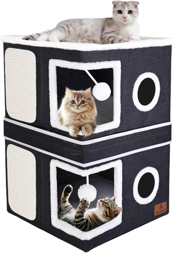 Cat Beds for Indoor Cats, Large Cat Cave Bed with Scratch Pad and Fluffy Ball, Foldable Cat Hideaway, Cat House with Reversible Cushion for Multi Small Pet up to 30LBS, Grey12