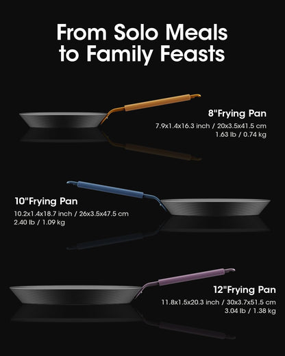 Carbon Steel Frying Pan Set, 8 10 12 Inch Nitrided Skillets | Complete Size Range for Everyday Cooking; Preseasoned Surface Develops Natural Patina without Coatings2