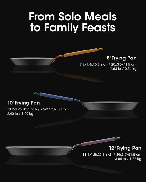 Carbon Steel Frying Pan Set, 8 10 12 Inch Nitrided Skillets | Complete Size Range for Everyday Cooking; Preseasoned Surface Develops Natural Patina without Coatings2