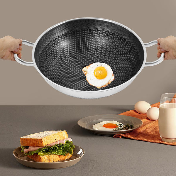 Wok Pan,Hybrid Wok with Lid,Non Stick Stainless Steel Woks & Stir-Fry Pans Nonstick Frying Pan Dishwasher and Oven Safe, Works on Induction (13 Inch)9