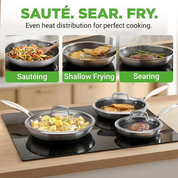 7-Piece Tri-Ply Stainless Steel Frying Pan Set & Wok – Nonstick, Induction Compatible, Oven Safe, Scratch-Resistant, Dishwasher Safe8