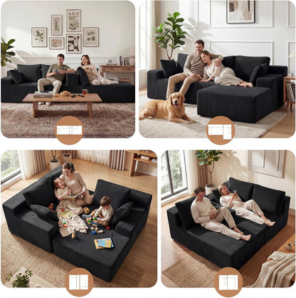 Cloud Sectional Boneless Couches for Living Room, Modular L Shaped Couch with Deep Seat Oversized Right Facing Chaise, Memory Foam Compressed Spineless 3 Seater Sofa for Apartment, Black3