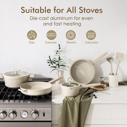 14Pcs Pots and Pans Set Non Stick, Ceramic Cookware Set Non Toxic | PFAS/PTFE Free, Induction Cookware, Even Heating, Durable, Dishwasher Safe, Healthy Kitchen Cooking Set, Stay-Cool Handles3