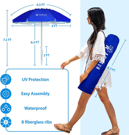 6.5Ft Twice Folded Portable Beach Umbrella with Sand Anchor Windproof, Push Button Tilt and Air Vent UPF 50+ Protection Fits in a Large Suitcase for Patio Garden Beach Pool Backyard Blue6
