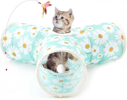 Tempcore Pet Cat Tunnel Tube Toys 3 Way Collapsible, Tunnels for Indoor Cats, Interactive Tube with Teaser Wand, Peek Holes & Hanging Ball, Black & Blue29