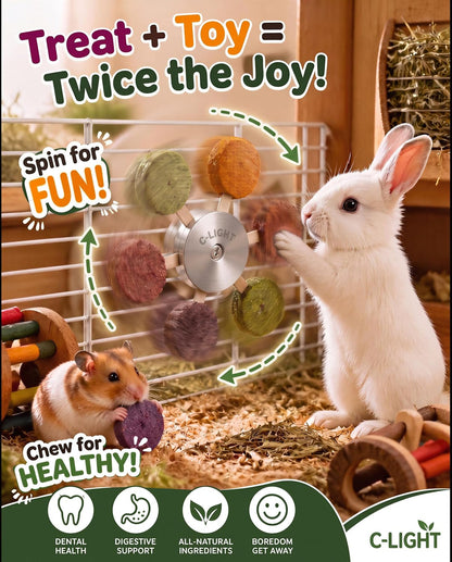 C-LIGHT Guinea Pig Chew Toys, Rotating Spinner + 8 Pcs Timothy, 5 Viggies | Hay for Teeth Grind & Digestion, Rust-Proof Aluminum Toy, for Rabbit, Bunny, Chinchilla, Hamster Dental Health (Sliver)2