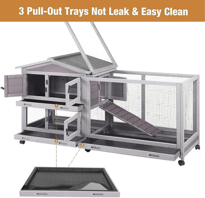 Bunny Cage Indoor and Outdoor Rabbit Hutch with Casters Waterproof Roof, Pull Out Tray from Back and Front 61.2" L X 22.6" W X 33.5" H5
