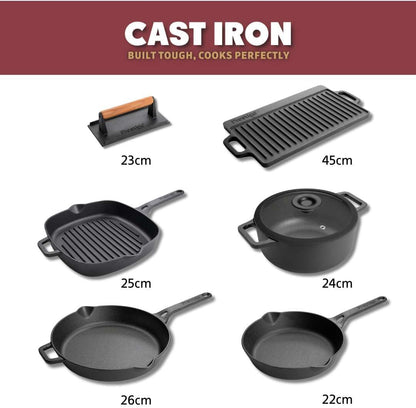 Cast Iron Cookware Set – 6 Piece, Burger Press, Small & Medium Frying Pans, Grill Pan, Griddle Pan, Casserole Dish, Pre-Seasoned, Non-Toxic, Induction & Oven Safe, Easy Clean10
